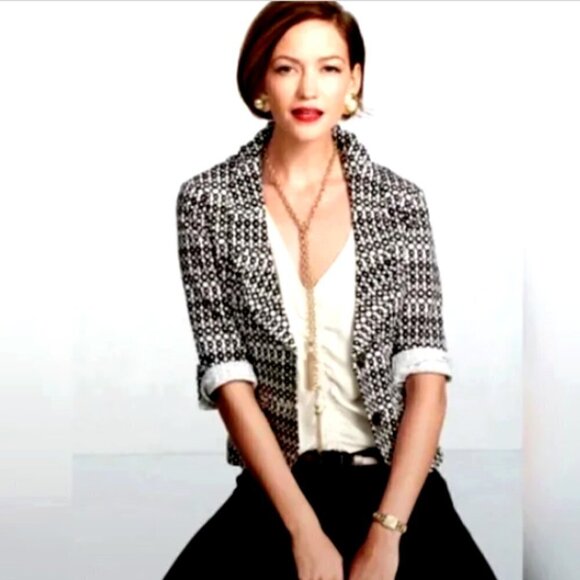 CAbi Du Jour #298 Jacket Cropped Blazer Sz 4 Black White 3/4 Sleeve Cotton 266D - Picture 1 of 10